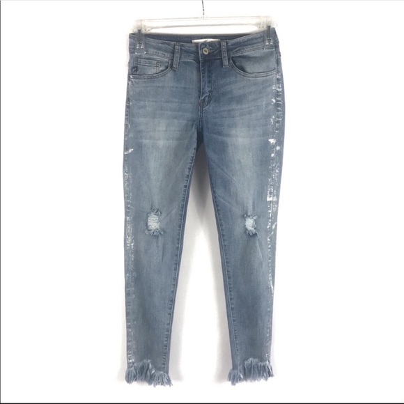 Kancan Distressed Skinny Jeans w/ Fringe Hems 25 - Picture 2 of 8
